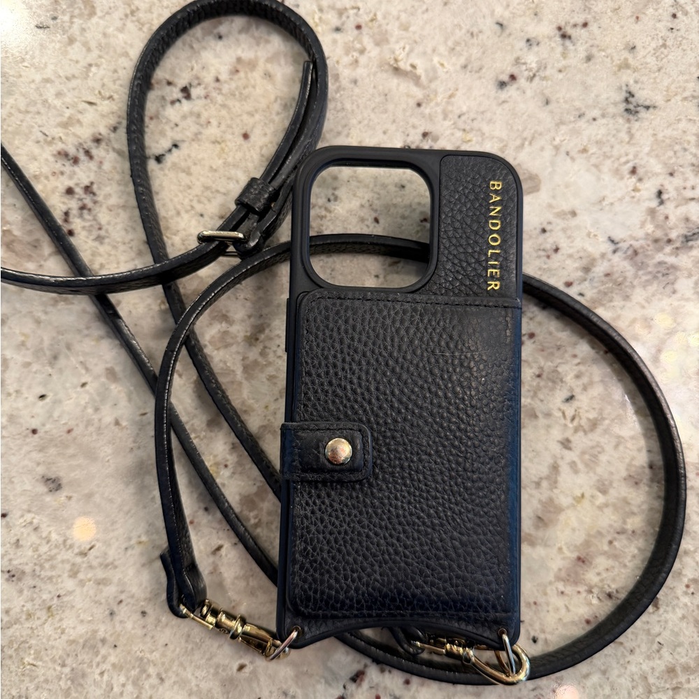 Bandolier Black Leather iPhone 15 Pro Case with Strap - Magnetic Charging